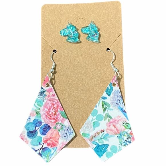 Unicorn‎ Studs Floral Dangle Earrings Set Teal - Picture 1 of 8